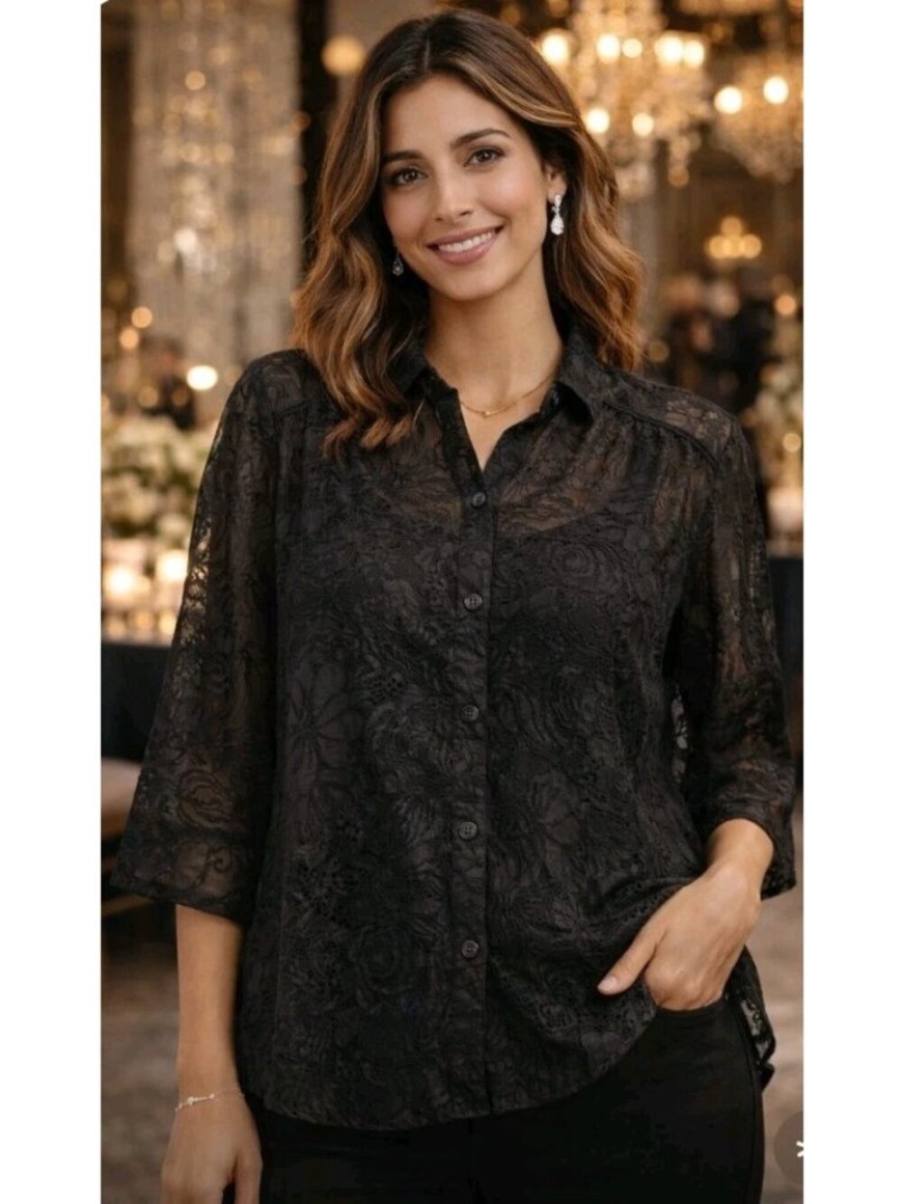 Womens Sheer Batik Design Blouse Casual Minimalist Lightweight Size 2X Black